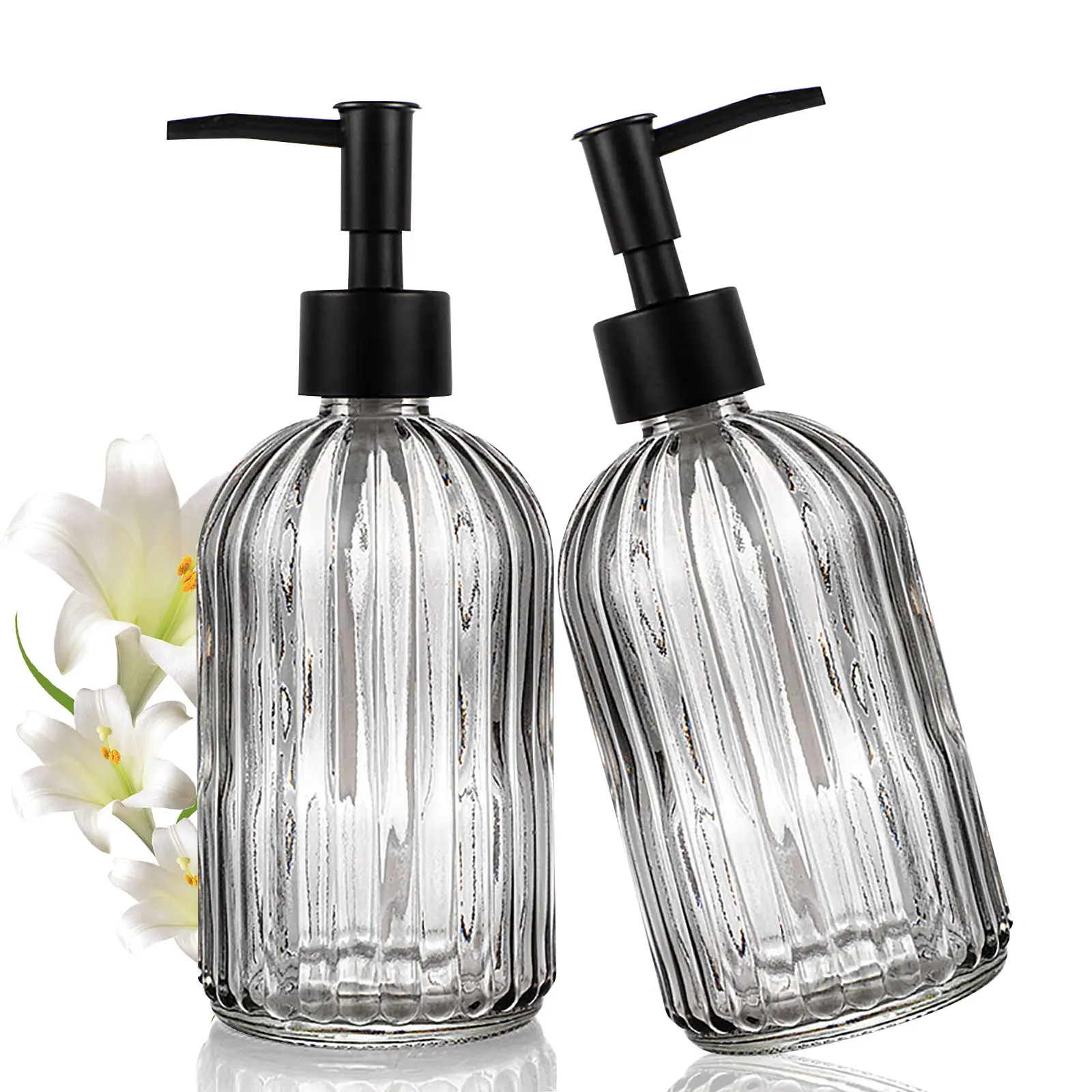2-Pack Vertical Striped Leak-Proof Hand Soap Dispenser Bottles - 400ml Transparent Black with Black Pump Head