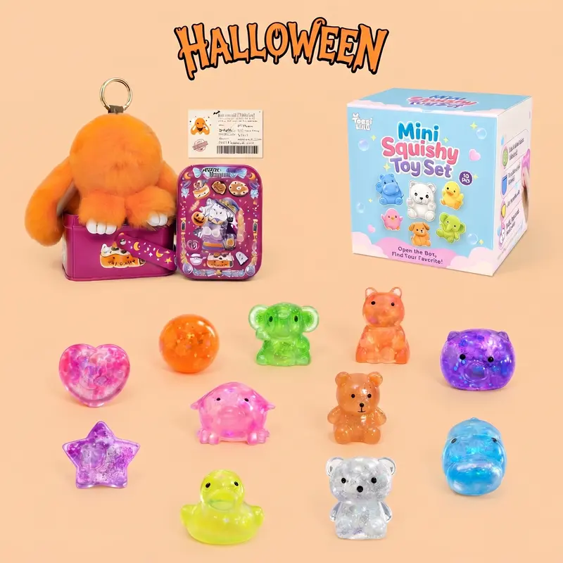 【Halloween Gift】 Spooky PomPom & Mini Squishy Animal Keychain Set, Handmade Aesthetic Cute Kawaii Keychain Accessory, Thoughtful Gift for Kids, Attaches to Bags, Keys, or Purses, Cute Keychain