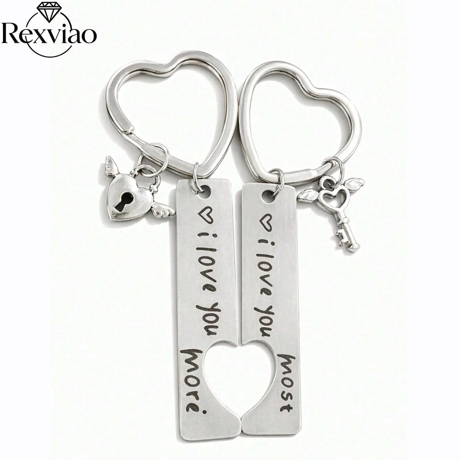 Rexviao Minimalist 2-Piece Couples Keychain Set: Long bar with cutout half heart and heart-shaped wing pendant | Backpack charm | Ideal accessory for daily outings and dates | Colorfast even when wet in rain