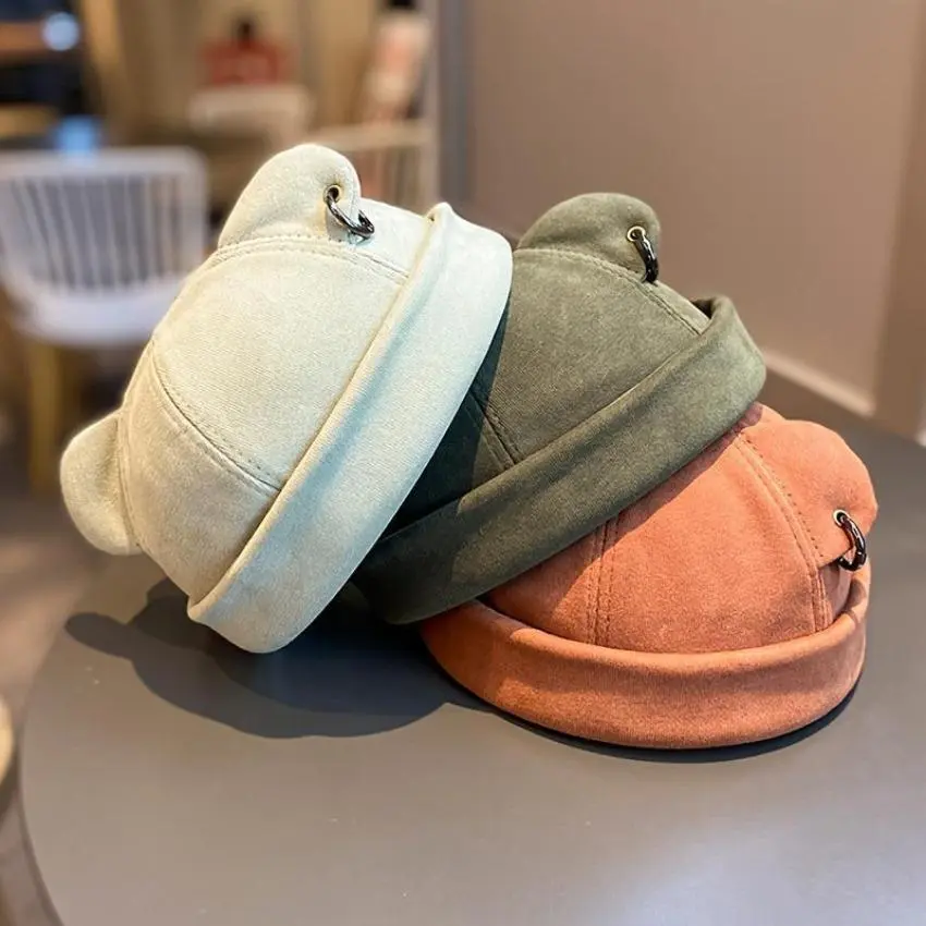 Unisex Cotton Brimless Cap, Rolled Cuff, Bear Ear Design 