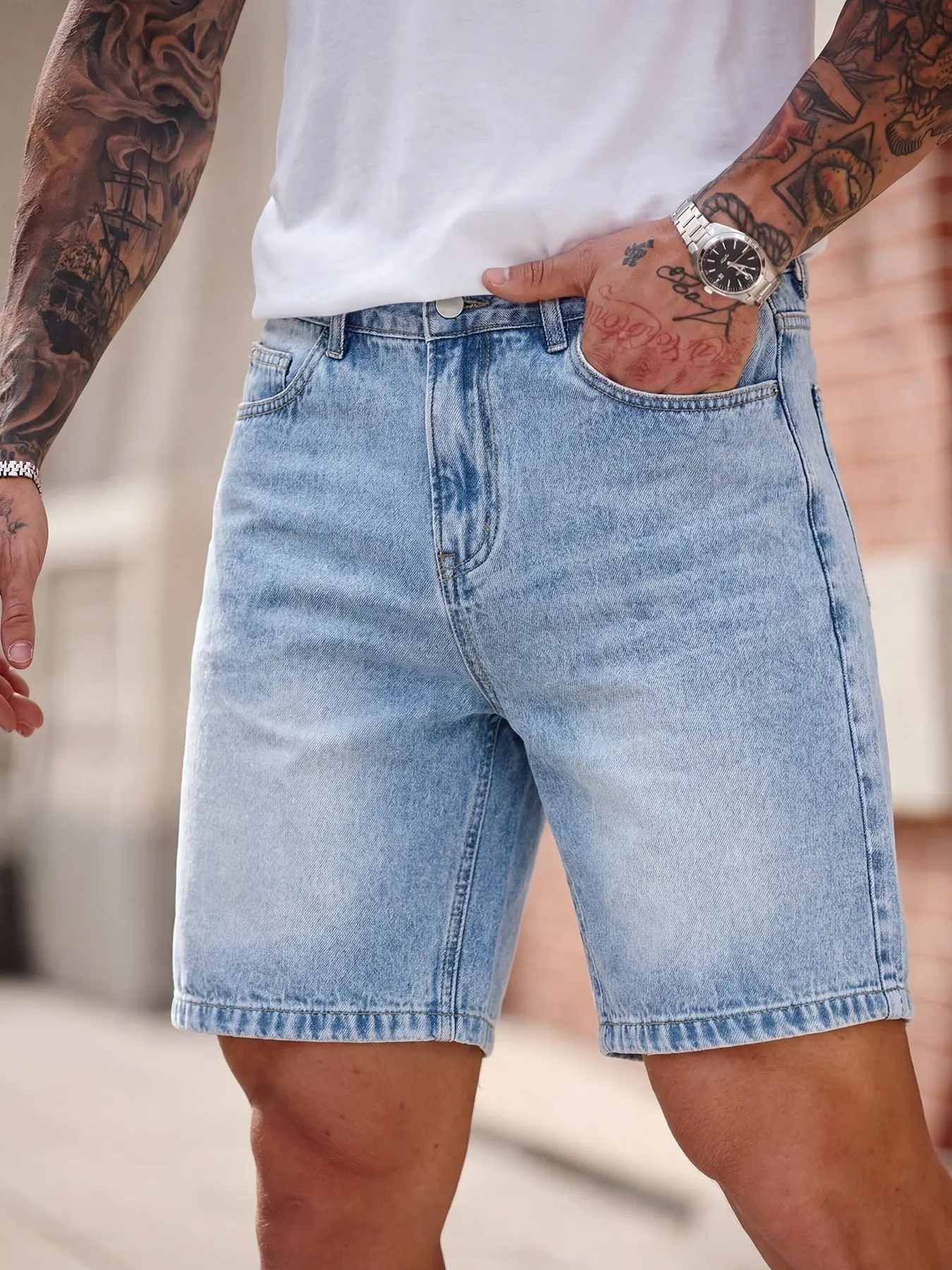 Summer Denim Shorts Five-Point Pants, No Stretch Straight Leg Fit Jeans, Cotton Ripped Streetwear, Fashionable Casual Commuter Wear Bottom Breathable Everyday