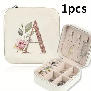 Portable Jewelry Box with Letter Print Design, Compact Storage Case for Rings and Earrings, Ideal Gift for Women and Girls