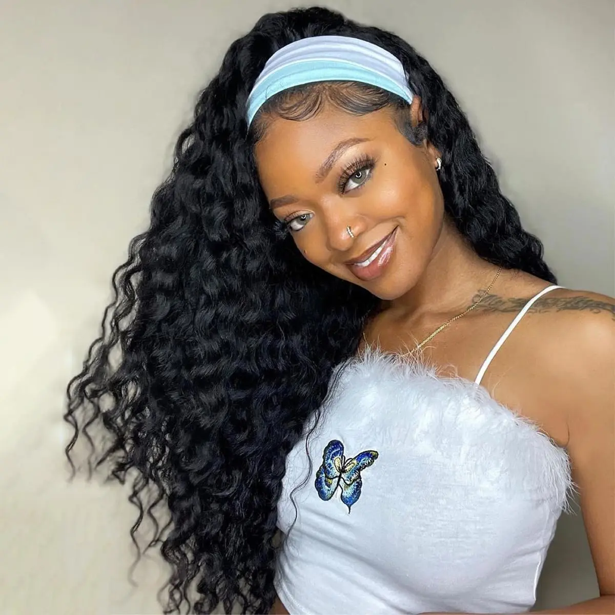 MYLOCKME Hair 180 Density  Easy To Wear Kinky Curly Headband Wig Human Hair Curly Glueless Wigs For Women Real Hair Wigs Full Machine Made Wigs Natural Black Hair