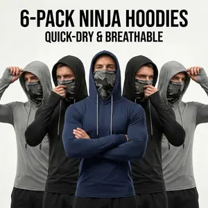 6-piece set men's outdoor work sun protection clothing with sun-blocking hoodie, featuring built-in face mask and neck guard, breathable long-sleeve hoodie