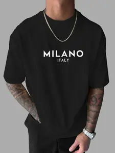 Men's Milano Italy Print Loose Tee, Casual Comfy Round Neck Short Sleeve T-shirt for Daily Wear, Men's Top for All Seasons, Tropical