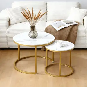 Round Nesting Coffee Table Set of 2, White Marble Look Wooden Tables with Black Metal Frame, Space Saving Side Tables for Living Room Bedroom