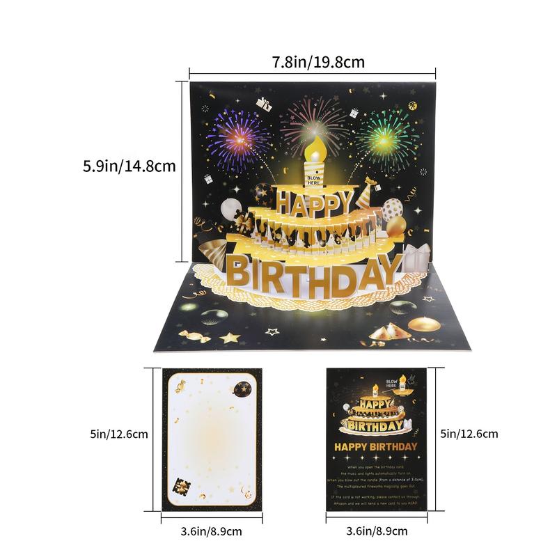 Happy Birthday Pop-Up Card with Blow The Candle, Birthday Cards Fireworks Pop Up Cake LED Light and Music, Singing Happy Birthday Gifts Decorations for Husband, Women, Kids, Son, Her, & Dad