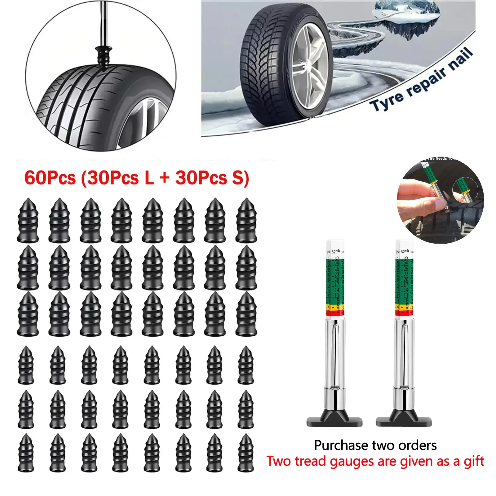 60Pcs Tire Repair Screws Plugs, Self-service Tyre Repair Vacuum Rubber Nails Kit for Car/Motorcycle/Truck/Tractor Puncture Fast Tyre Repair Supplies Tire Inflator Tool Tire Inflator Cordless