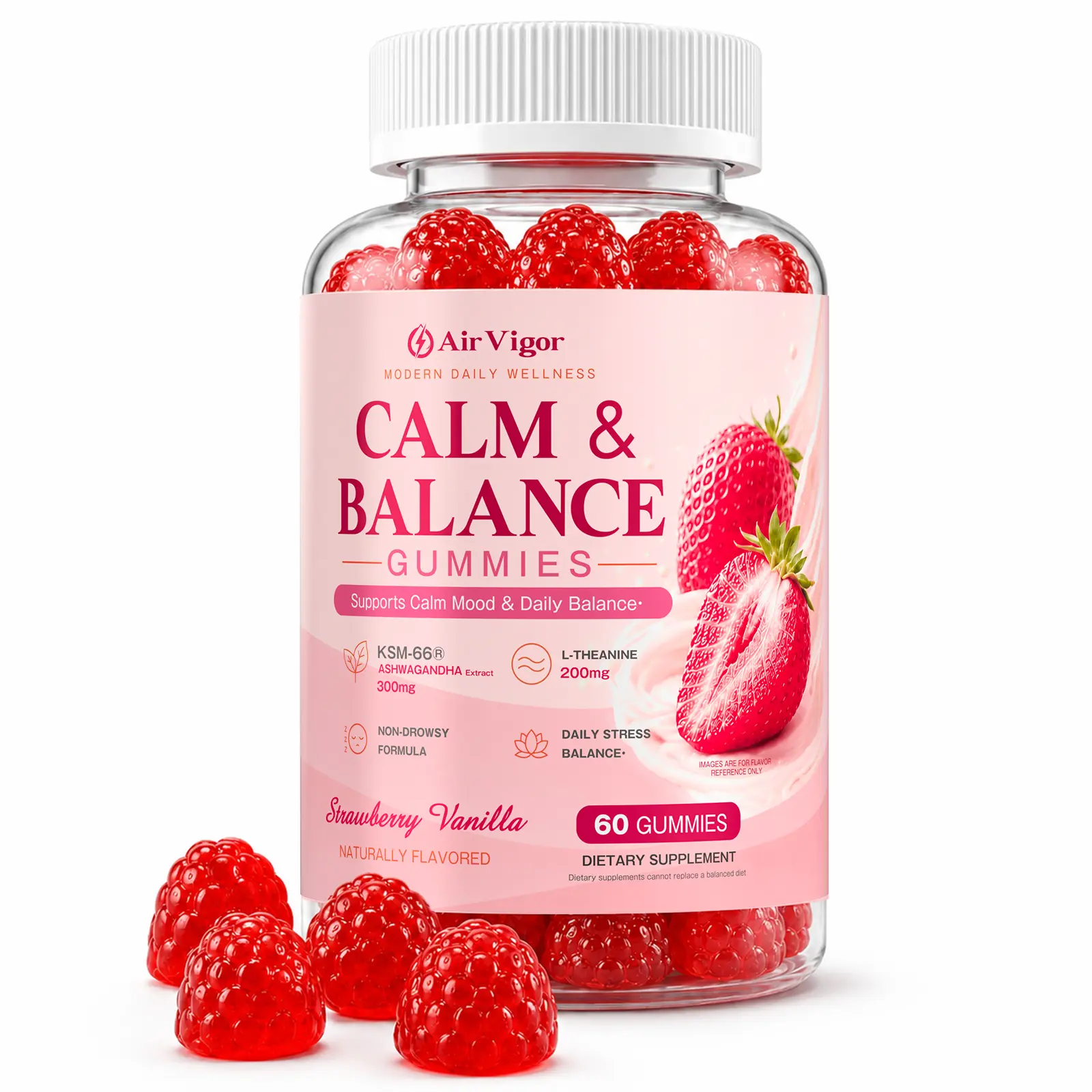 AirVigor Women's Cortisol Support Gummies - Ashwagandha Supplement with 200mg L-Theanine, 100mg Phosphatidylserine, Daily Calm & Stress Support, Vegan Strawberry Vanilla Flavor, 60 Counts