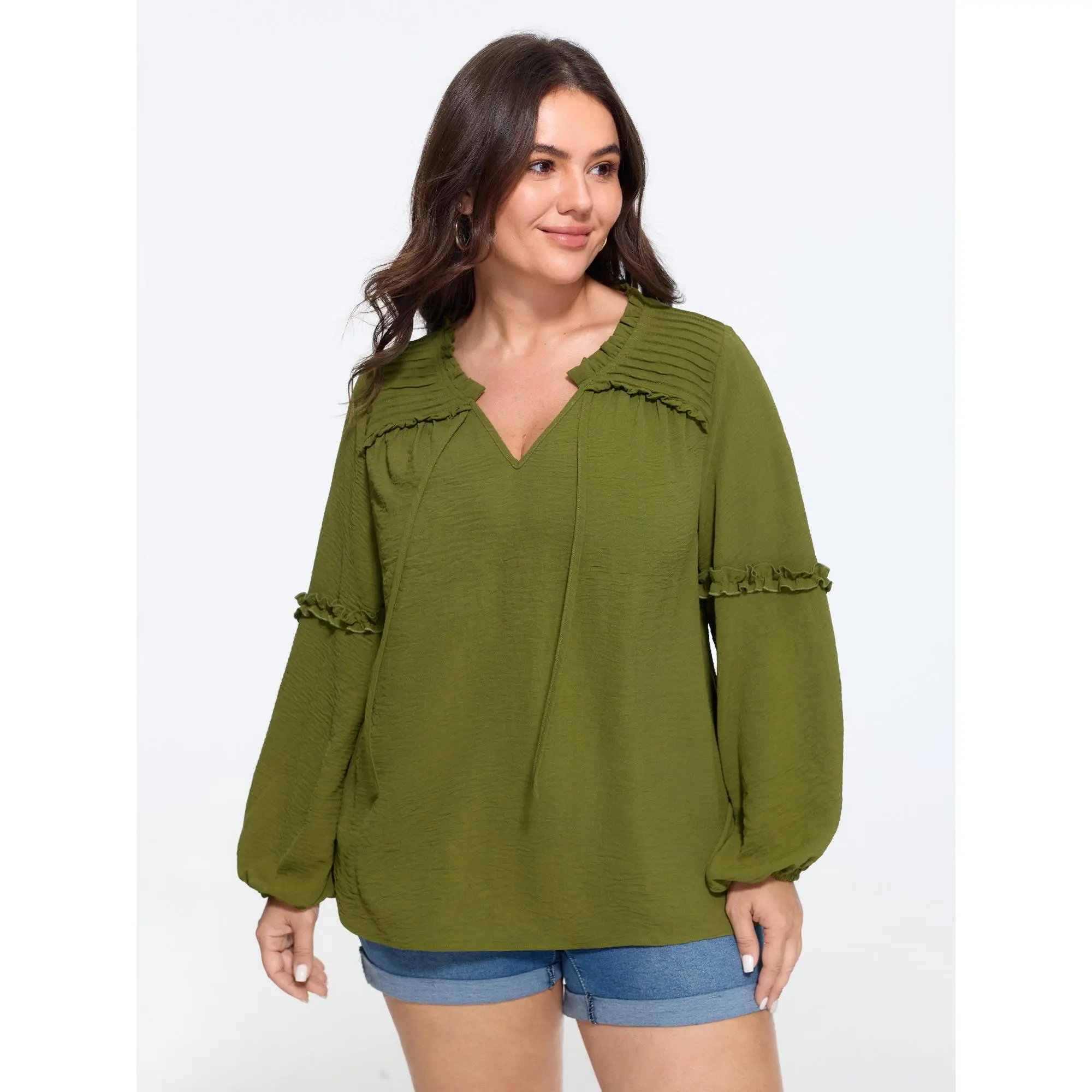 BLOOMCHIC Women's Plus Size Polyester Textured Fabric Shoulder Blouse - Long Sleeve, Ruffled Trim, Pleated Detail, Casual Fit Shirts [M-6X] 2026 Summer Tops