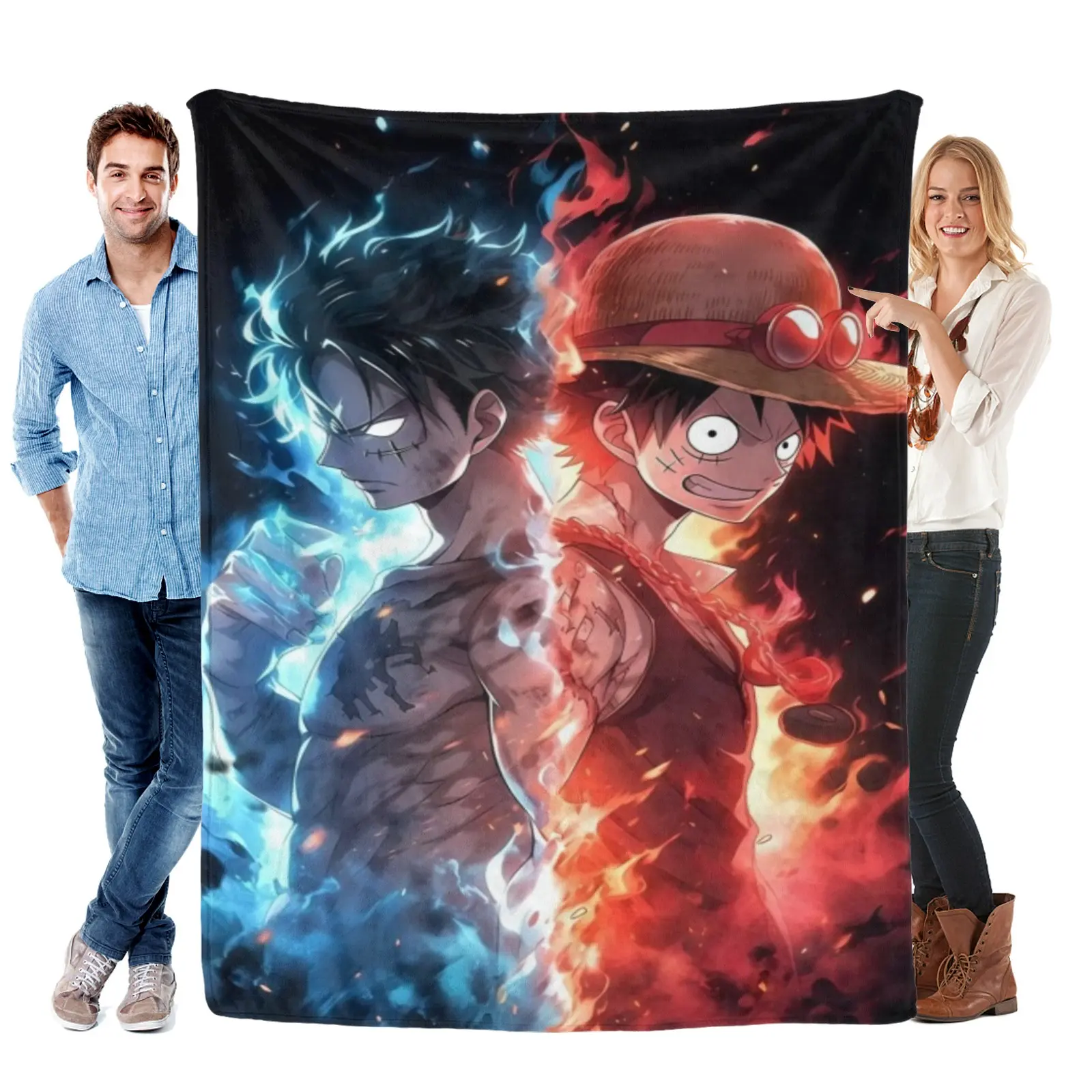 One Piece Contrast Aura Dual Luffy Portrait Blanket,Cozy Fleece Anime Throw,Red Blue Flame One Piece Merch For Game Room Bed Set
