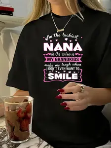 1pc Women'S Plus Size Casual T-Shirt with "I'm the Luckiest NANA" Print, Geometric Pattern, Crew Neck, Short Sleeve, Polyester Knit Fabric, Slight Stretch, Oversized Fit, Regular Length - Spring/Summer Fashion Top