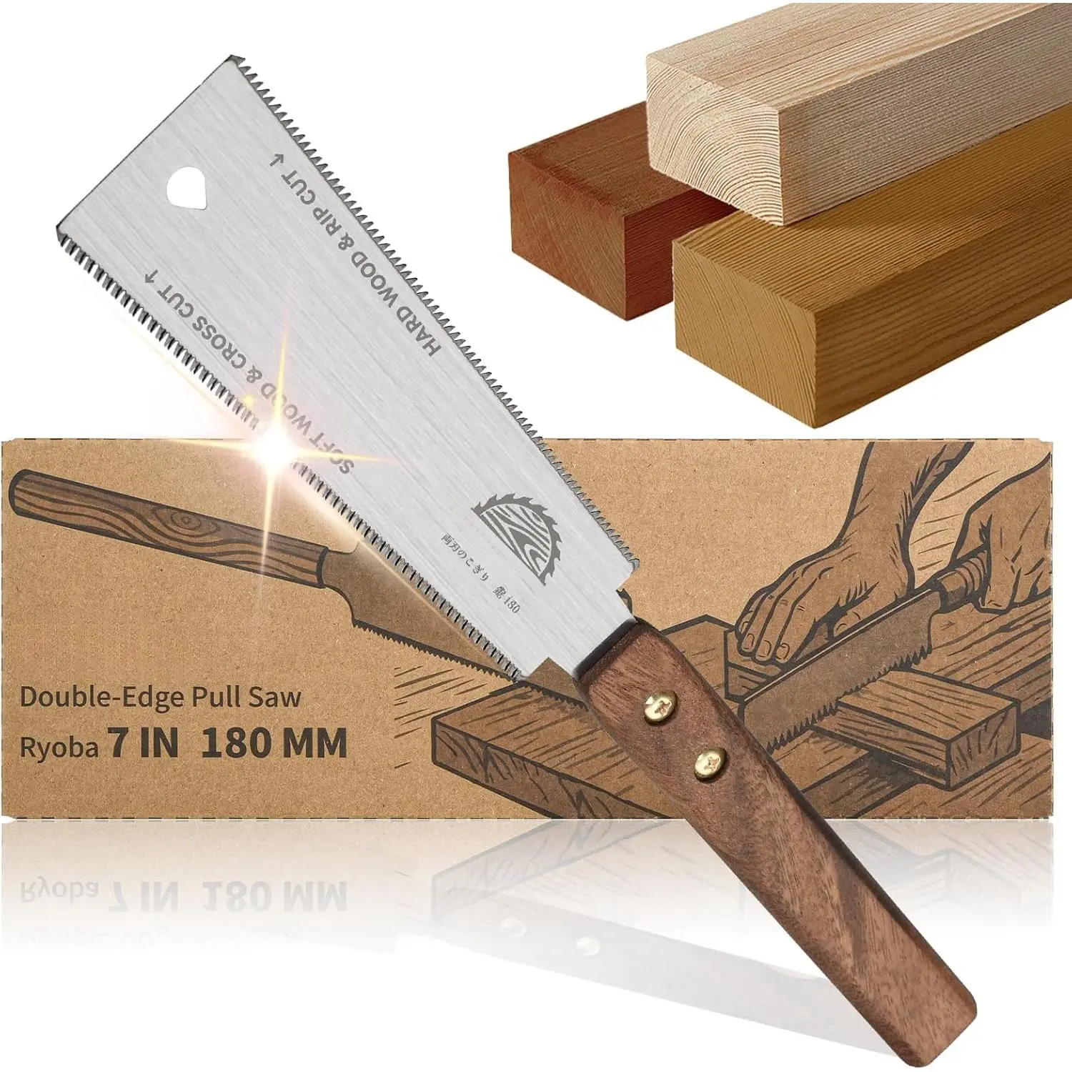 7 In / 180Mm Japanese Ryoba 2-Sided Hand Pull Saw - SK5 Carbon Steel, 12/18 TPI, Walnut Wood Carpentry Tool with 2-Sided Sawtooth Protective Cover, Professional Accurate and Quick Cutting for Carpenters