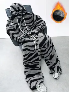 Trendy Retro Zebra Print Lamb Fur Sports Set, Loose Fit Warm Two-Piece with Hoodie Jacket, Street Fashion Couple Style