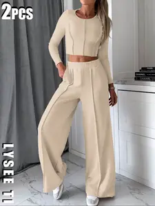 Autumn 2-piece casual round neck patchwork bone breaking structure Fitted knit long sleeved top+loose pocket pants set Womenswear