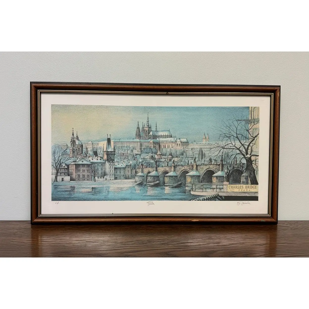 Vintage Hand-Colored Etching of Charles Bridge, Prague – Signed F.F. Janda, Framed