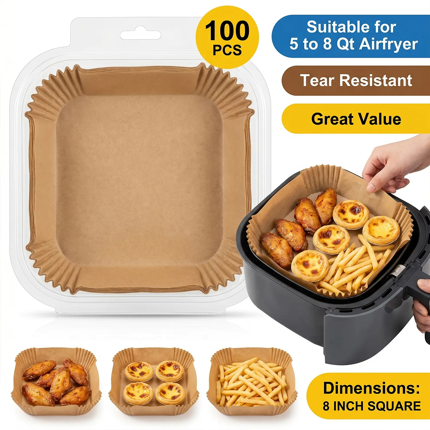 summerwins Air Fryer Basket Liners (100 pcs) - Non-Stick, Oil-Resistant Parchment Paper, Round 5-8 QT Bakeware Fit, Disposable Compostable Baking & Steaming Fryer Accessories tiktokshopbacktoschool