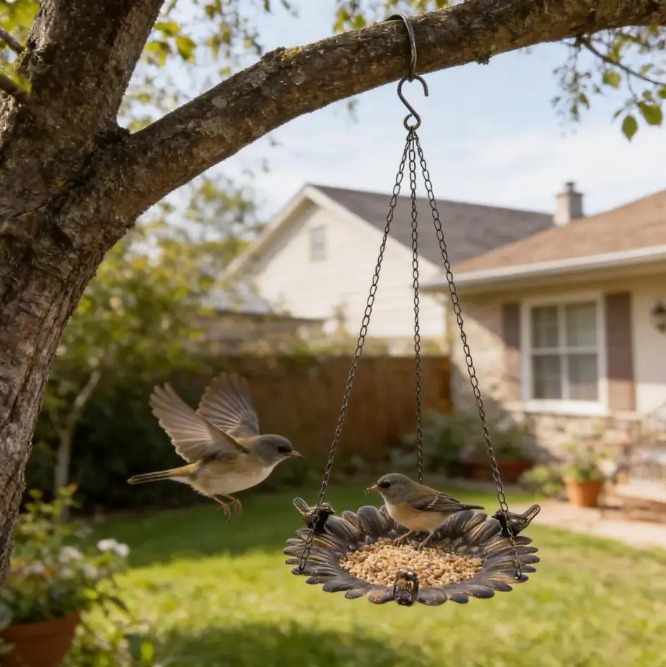Antique Metal Sunflower Hanging Bird Feeder - Outdoor Waterproof Seed Holder Tray, Garden Art Decor, Unique Gift for Bird Lovers (Housewarming, Birthday)