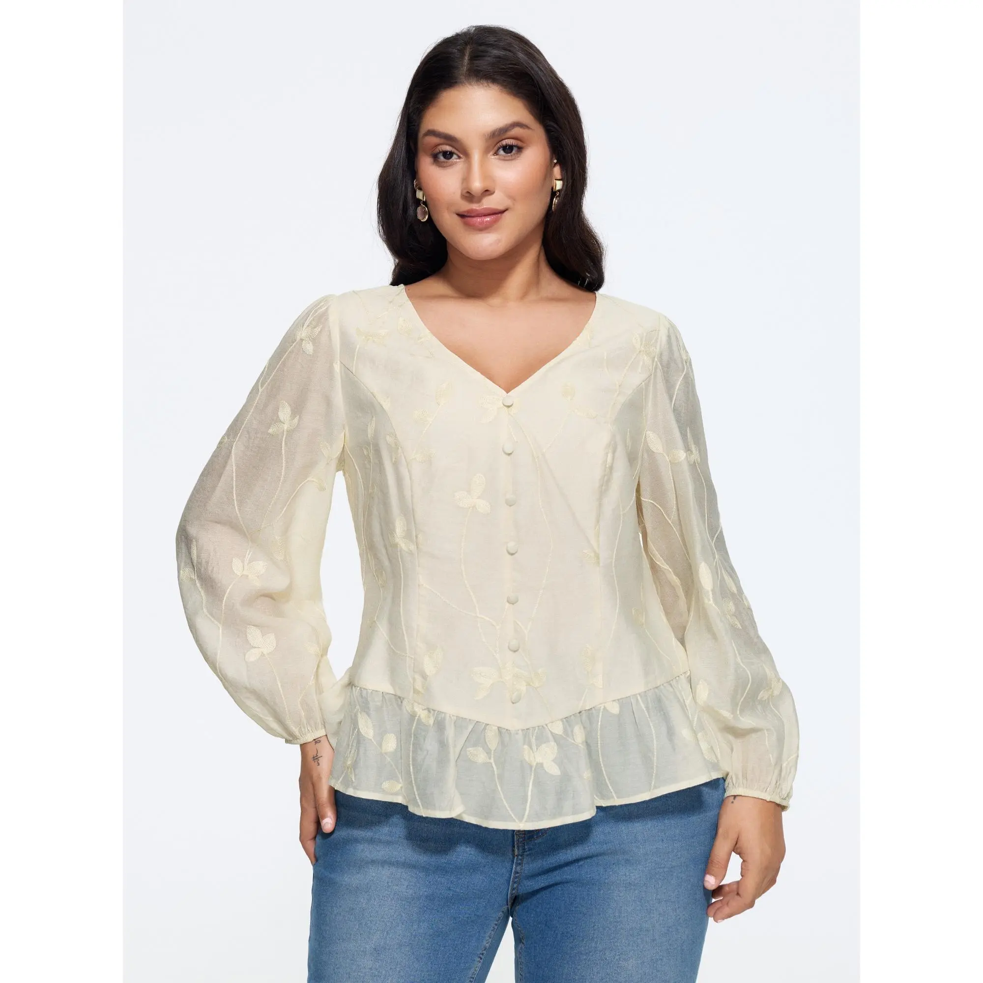BLOOMCHIC Plus Size Leaf Embroidered Button Front Ruffle Hem Blouse[M-6X] Back To School,Spotlight Day