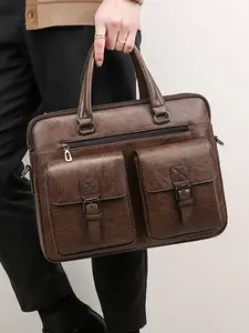 Men's Handmade Vintage Leather Shoulder Bag, Durable, Spacious, Business Travel, Fits 16 Inch Laptop, Daily Use, All Seasons, Random Print