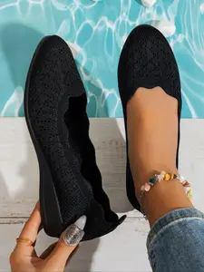 Women's Solid Color Round Toe Lightweight Slip on Sneakers, Casual Comfortable Breathable Sports Shoes, All-match Commuter Shoes for Work & Daily Wear, Girl, Casual Fashion Shoes, Casual Summer Shoes