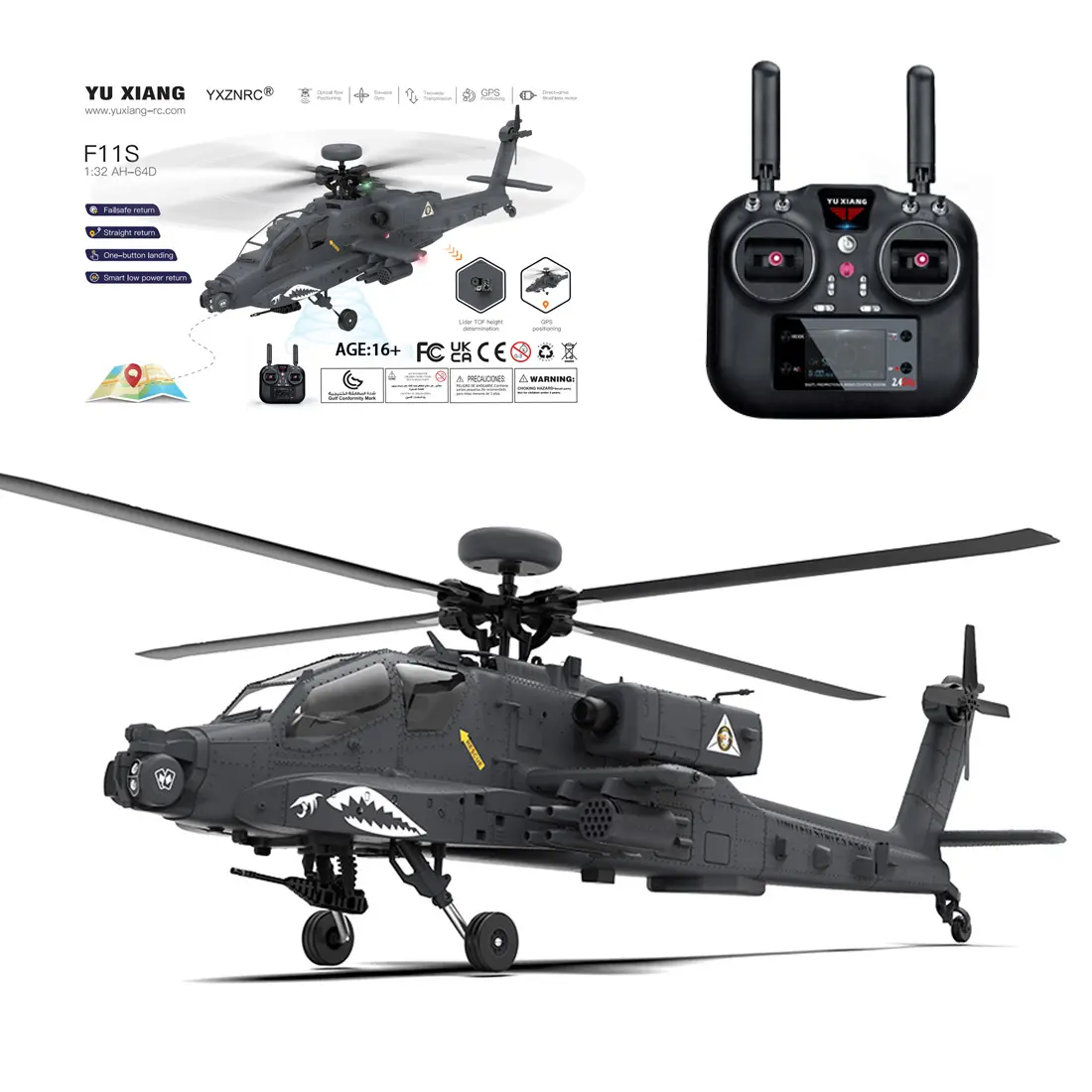 YU XIANG F11-S AH64 1/32 Scale 2.4G 6CH RC Dual-axis Co-drive Flybarless 6G/3D Stunt  Apache Helicopter Model (RTF GPS Smart Version)