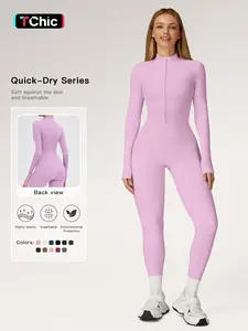 Women's Solid Zip-up Skiing Jumpsuit, Sporty Long Sleeve Onesie for Skiing Cycling, Fall & Winter Ladies Sportswear, Stretchable Activewear, Sporty Comfy Jumpsuit
