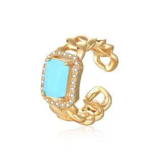 TEWIKY 14K Gold Plated Open Square Turquoise Zircon Cuban Ring, Adjustable Ring Suitable for Fingers of All Sizes