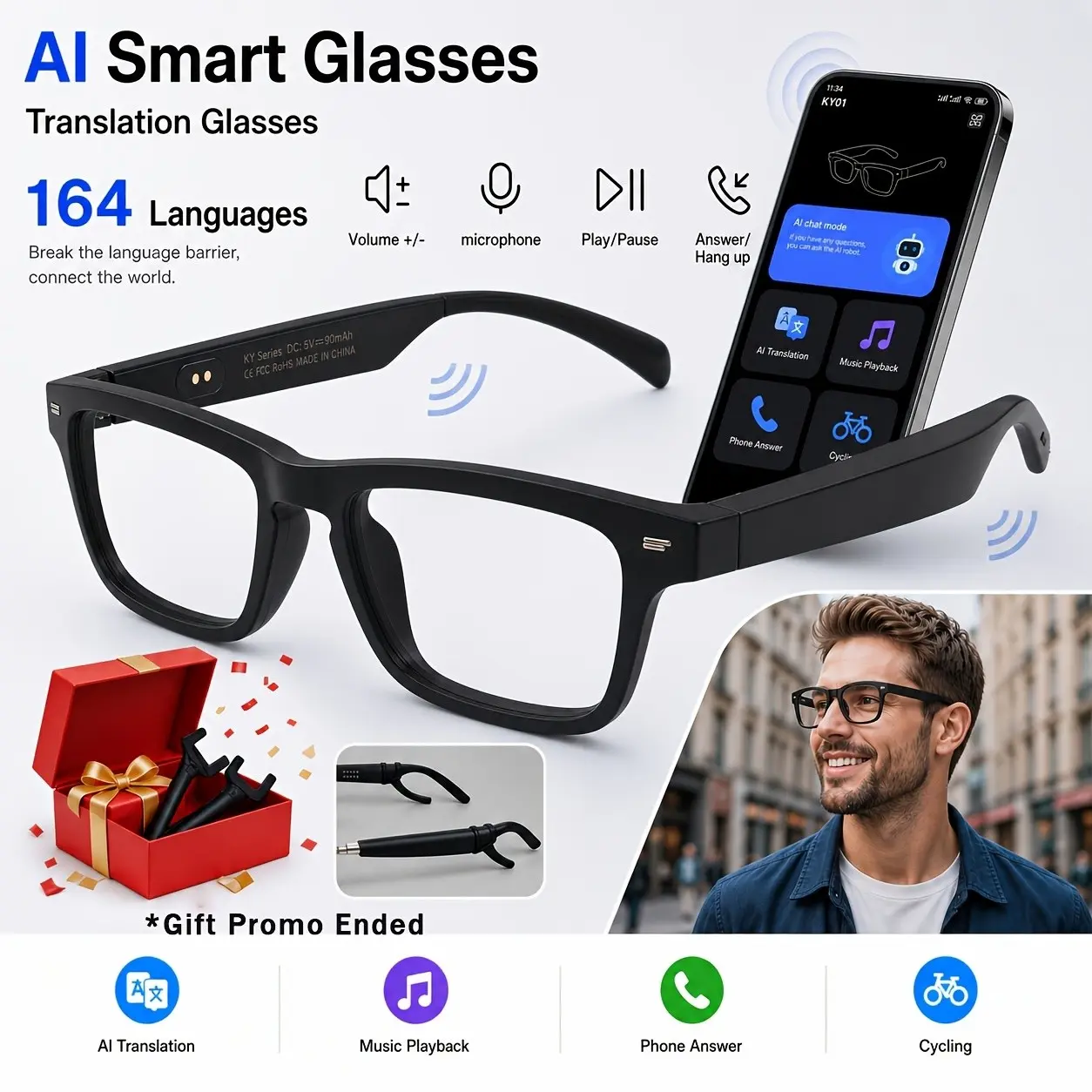AI Smart Translation Glasses, Unisex, Featuring Photo Translation, AI Chat, And More. Supports Translation In 164 Languages, With Blue Light-blocking Lenses, A Voice Assistant, And Dual Microphones. Compatible With IOS And Android