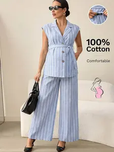 NANCY Maternity Striped Sleeveless Collared Casual 2 Pieces Set, Versatile For Summer