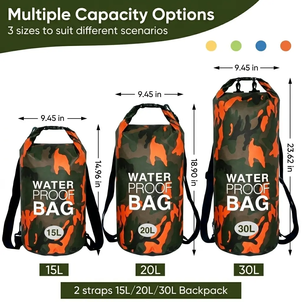 Outdoor Waterproof Dry Bag, 10L 20L 30L Roll-Top Backpack, Heavy-Duty Tear-Resistant PVC, Floating & Dustproof, Lightweight with Adjustable Straps for Kayaking Rafting Beach Camping Adventure