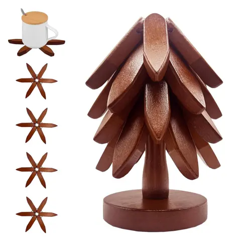 Natural Walnut Hand-Polished Solid Wood Trivet Set with Tableware Coasters - 4 Tree-Shape Pieces, 1 Self-Unfolding Stand, 450°F Heat Safe, Stackable, French Country Kitchen Accessories, Wooden Trivets for Hot Dishes