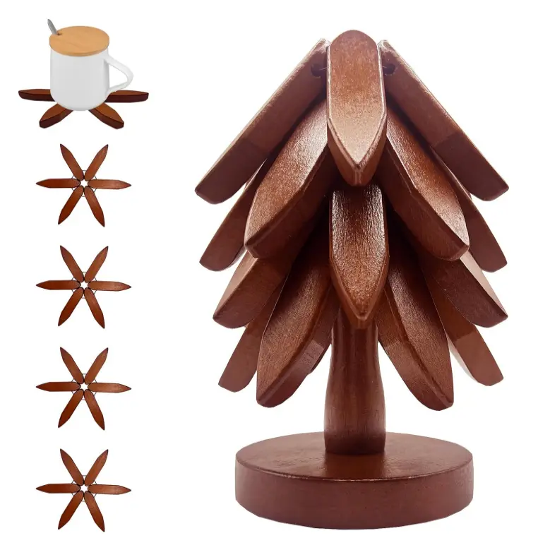 Natural Walnut Hand-Polished Solid Wood Trivet Set with Tableware Coasters - 4 Tree-Shape Pieces, 1 Self-Unfolding Stand, 450°F Heat Safe, Stackable, French Country Kitchen Accessories, Wooden Trivets for Hot Dishes