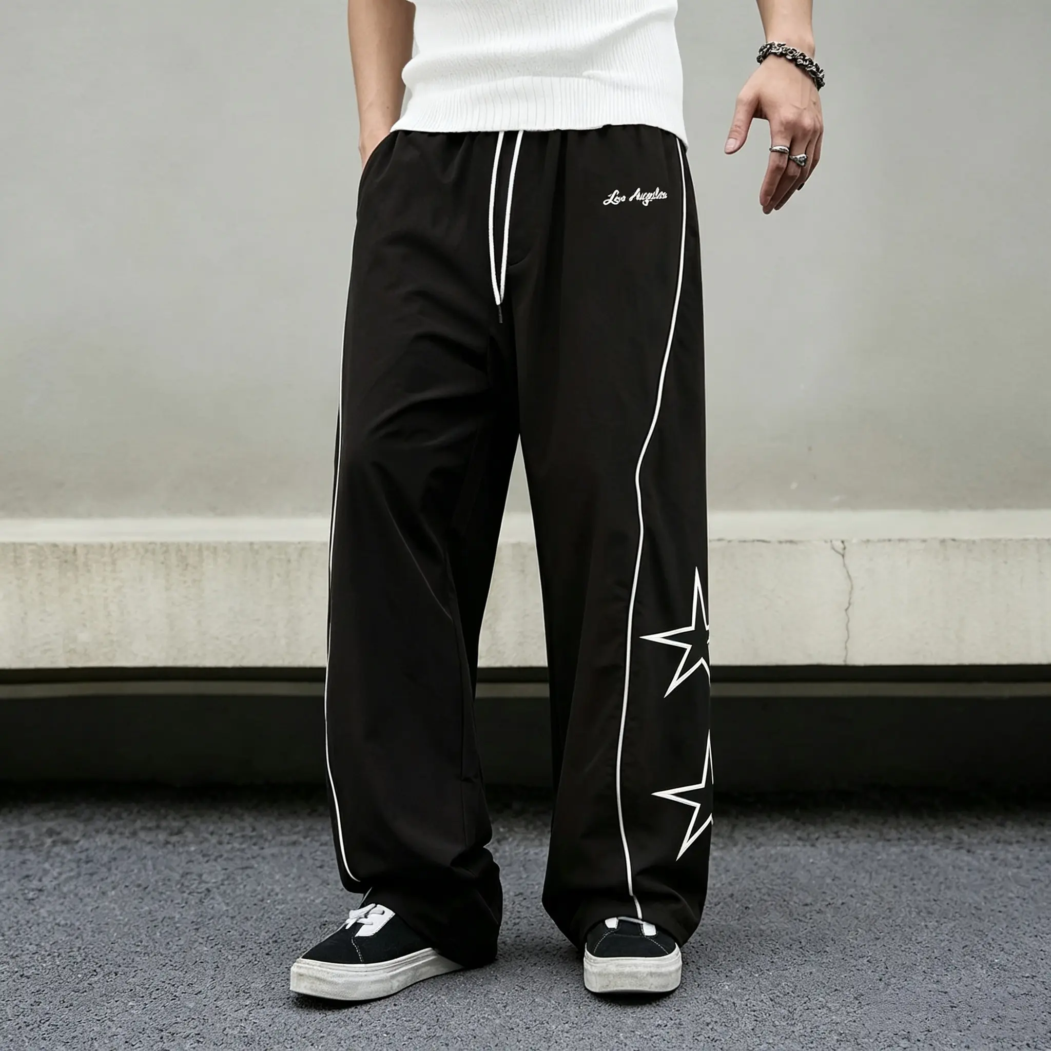 Unisex quick dry wide leg pants with side stripe and star print, drawstring – Los Angeles embroidery, contrasting star graphics, lightweight smooth woven fabric, relaxed straight fit, American street hip hop style for daily commute & skateboarding