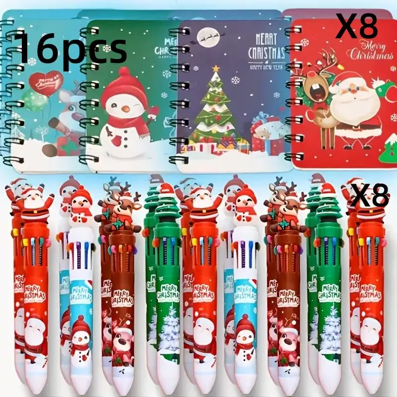 8/16-piece Christmas series set, 4/8 sets of ten-in-one ballpoint pens and 4/8 sets of mini Christmas notebooks. Suitable as Christmas gifts, holiday gifts and office gifts. Stationery Set Coloring Supplies Art Marker Set Learning Materials