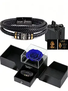 Men's Luxury Gift Set,Including Bracelet & Box, Father's Day Gift for Dad, Love You Forever Engraved Magnetic Clasp Wristband, Masculine Black Wrap Bracelet, Luxury Gift Set with Preserved Rose Box, Ideal Gift for Him, New Dad, Husband, Son, Boyfriend