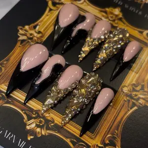 Sugar Nail Tips Black and Gold Baddie Press-On Nails - Salon-Quality Acrylic Nails with Customizable Sizes & Application Kit