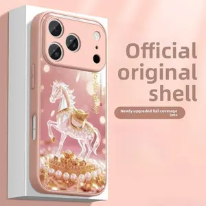 2026 Year of the Horse Blush Pink iPhone Case, Shockproof Soft-Edge Casing with Free Wrist Rope, Full Lens Protection, Cute Wave Lucky Wealth Pattern, Aesthetic Fashion Phone Accessory summervibes