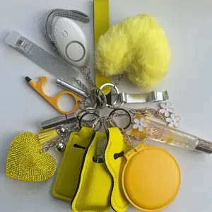Keychain Accessories Safety Light Wristlet Bling Heart Keychain Lip Gloss Heart Pom Pom-Flip Open Mirror and More-Yellow White-White Floral Charm