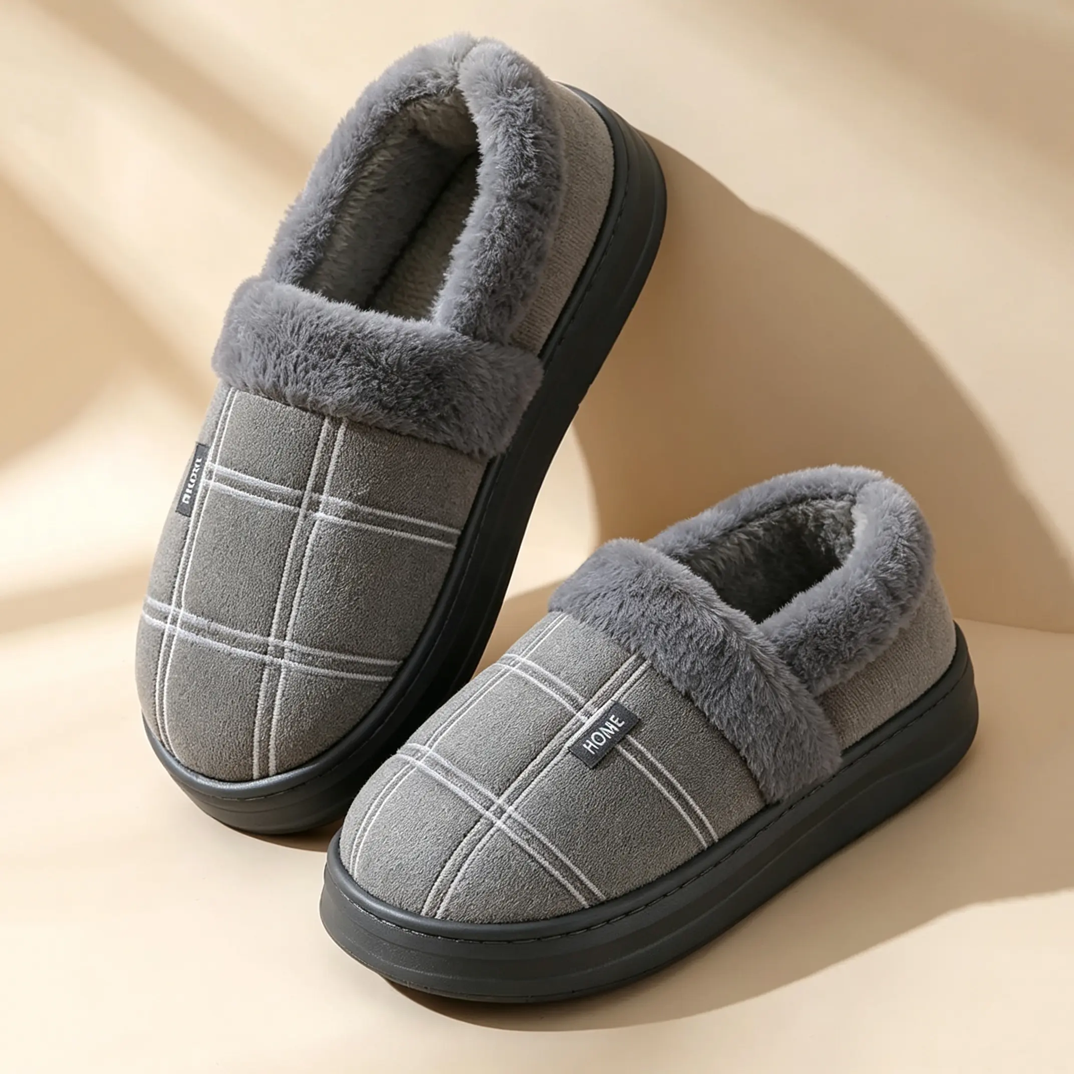Men Warm Plaid Fleece Slippers Casual Slip-on Closed Toe Winter House Footwear, Fluffy Fur Collar Soft Lining Non Slip Thick Sole Slippers, Comfortable Indoor Outdoor Loungewear Shoes for Cold Weather