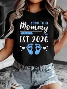 100% Cotton Expecting Mom To Be, Soon To Be Mommy Est. 2026 T-shirt Short Sleeve Crew Neck Casual Top For Summer & Spring, Women's Clothing