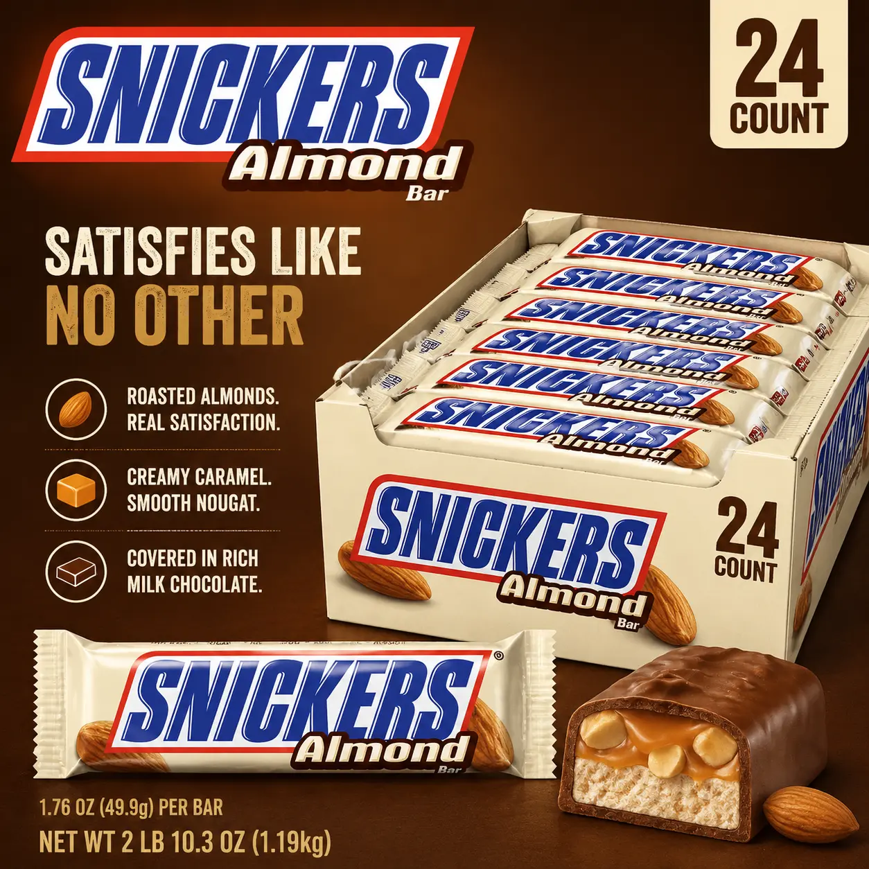 Snickers Almond Milk Chocolate Candy Bars - 1.76 oz, 24 Count, Soft Sweet Candies with Caramel & Nougat, Delicious Snack