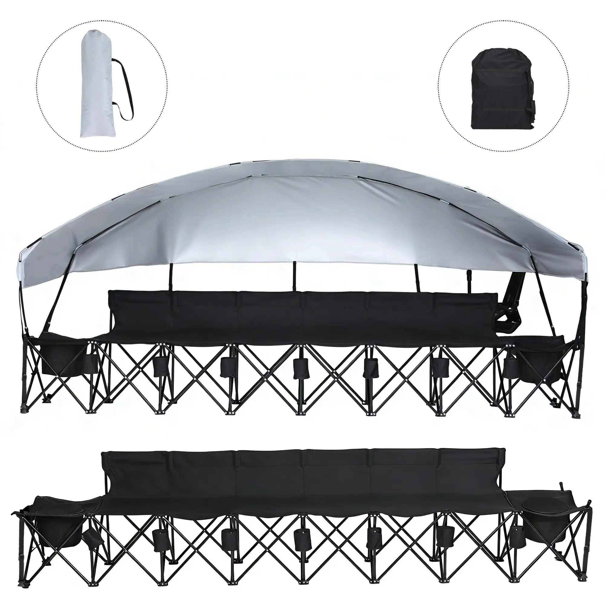 6-Seat Foldable Portable Outdoor Seating Camping Bench with Cool Shade Canopy, Cup Holder, Team Spirit Design for Camping, Hiking