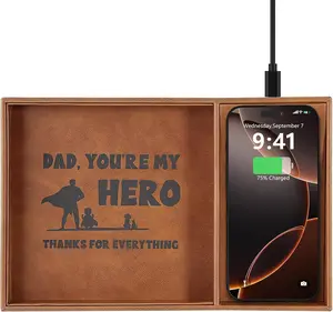Valet Tray, Built-in Wireless Charger, Nightstand Organizer, Dresser Organizer, Mens Jewelry Box, Valet Charging Station, Gifts for Dad from Daughter Son Wife, Brown