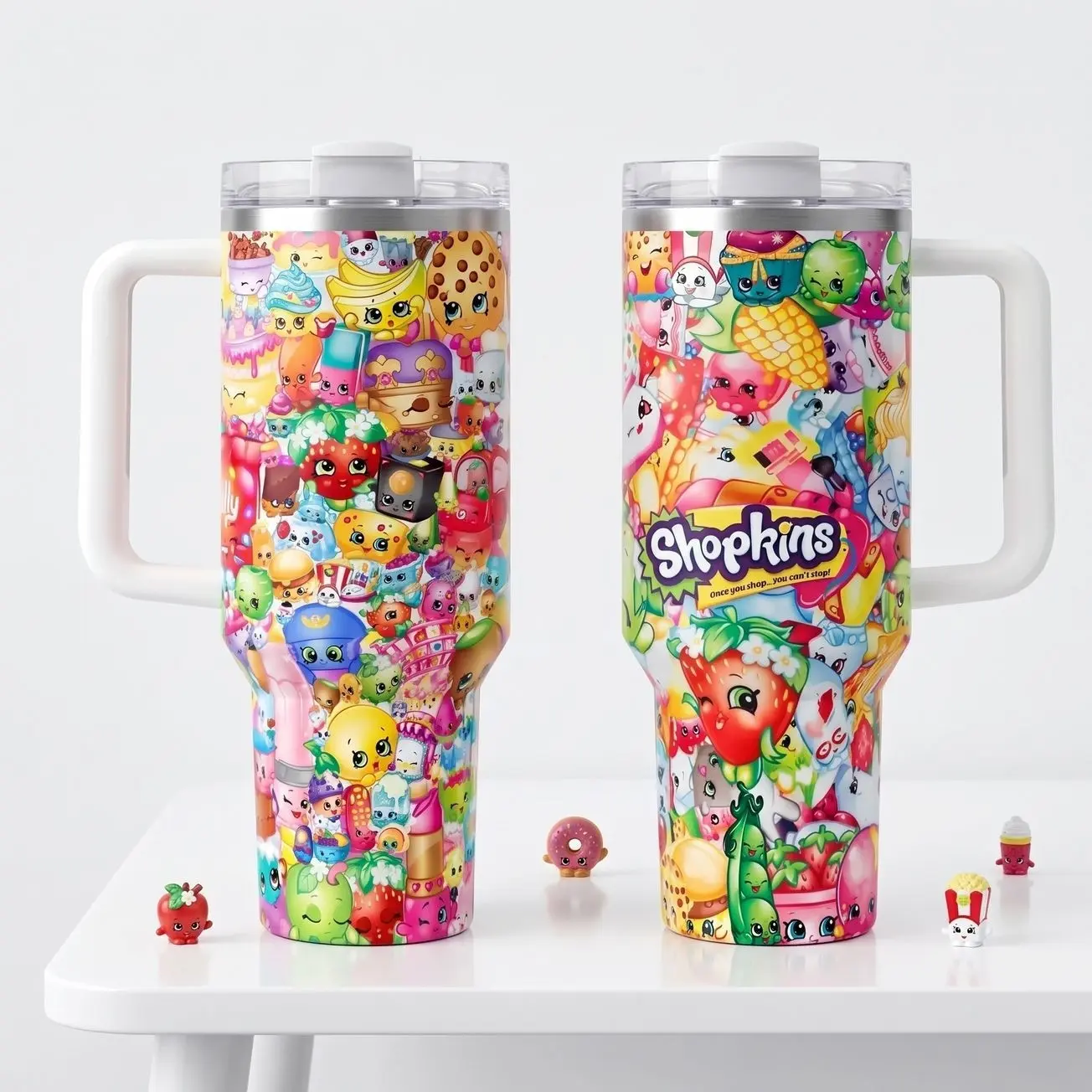 Cute Shopkins 40oz Stainless Steel Tumbler with Handle and Straw, Travel Mug Fits Car Cup Holder Cute Gift for Shopkins Fans