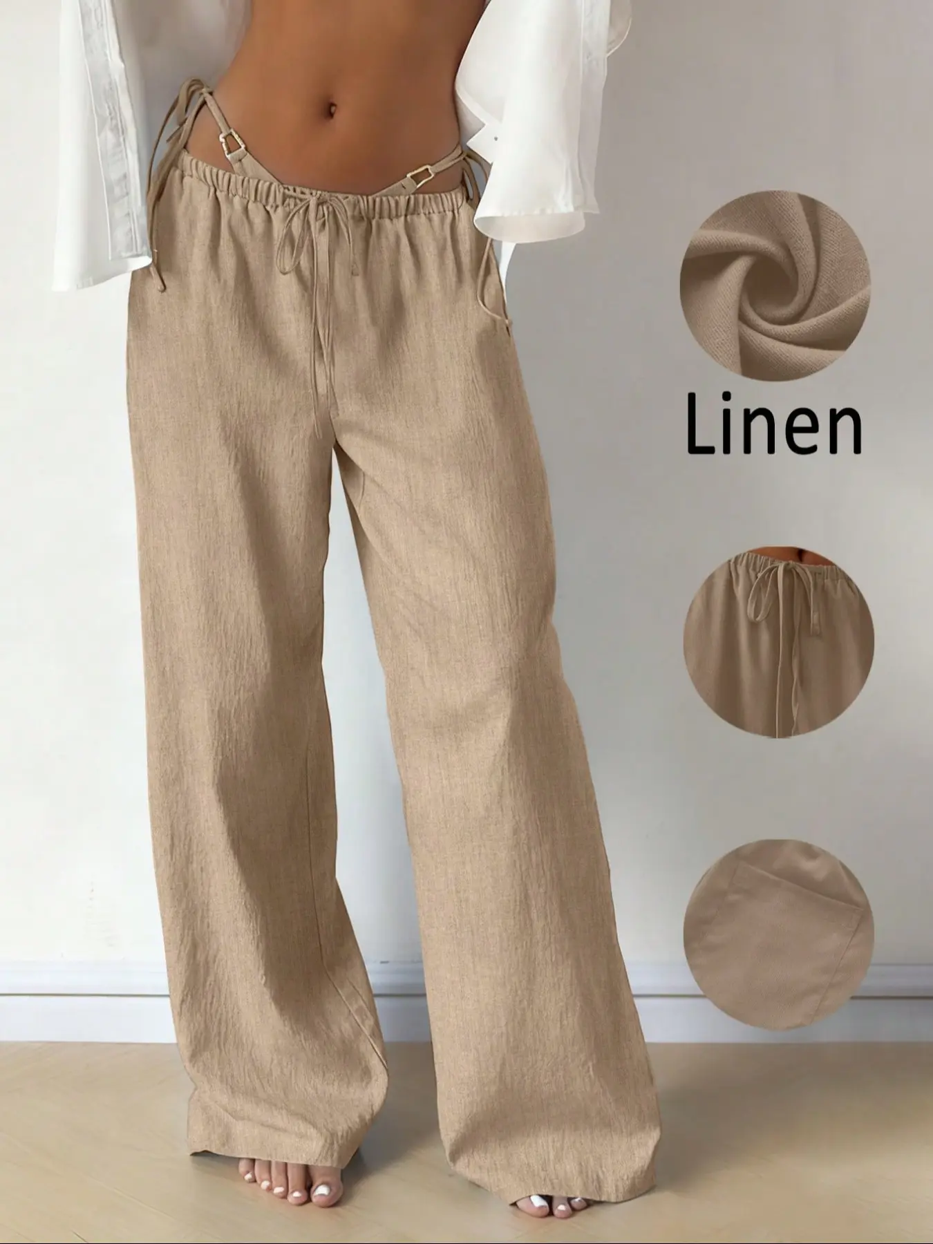 Women Linen Fabric Wide Leg Pants, Womenswear High Waist Drawstring Trousers Casual Loose Fit Comfy Pants, Adjustable Summer Beach Straight Leg Lightweight Breathable Vacation Outfit Minimalist Streetwear Daily Wear Bottoms, Casual Fashion Trousers
