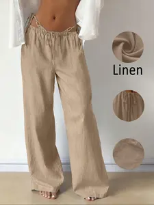 Women Linen Fabric Wide Leg Pants, Womenswear High Waist Drawstring Trousers Casual Loose Fit Comfy Pants, Adjustable Summer Beach Straight Leg Lightweight Breathable Vacation Outfit Minimalist Streetwear Daily Wear Bottoms