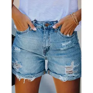 [2025 Ripped Denim Shorts] Light Blue 100% Polyester Women's Street American Ripped Straight Denim Shorts |   2025 Summer Casual Style with Distressed Details, Hand Wash or Dry Clean, Jean Shorts