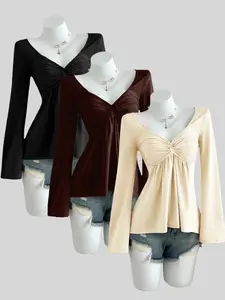 Elegant Women's Long Sleeve V-Neck Fitted T-Shirt Set, Womenswear Fall & Winter Fashion Casual Basic Solid Color, Versatile Three-Piece Tops