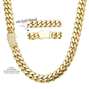 NOX & VESTIGE 14K Gold Plated Cuban Necklace Miami Link Chain with Zircon Clasp Anti-Friction for Men Women Stainless Steel Thick Chain Hip Hop Jewelry 6/8/10/12/14MM Colorfast Waterproof Thickened